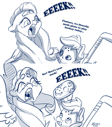 Size: 3075x3480 | Tagged: safe, artist:dilarus, edit, ponerpics import, fluttershy, rainbow dash, pegasus, pony, 2 panel comic, comic, deleted from derpibooru, dialogue, digital art, duo, female, high res, hockey mask, hockey stick, mare, mask, screaming, signature, size difference, smoldash, tallershy
