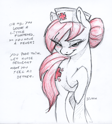 Size: 1872x2071 | Tagged: safe, artist:dilarus, ponerpics import, nurse redheart, earth pony, pony, bedroom eyes, blushing, deleted from derpibooru, dialogue, female, flirting, hat, looking at you, mare, nurse hat, raised hoof, raised leg, simple background, smiling, smiling at you, smirk, solo, traditional art, white background