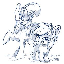 Size: 2736x2744 | Tagged: safe, artist:dilarus, ponerpics import, apple bloom, twilight sparkle, twilight sparkle (alicorn), alicorn, earth pony, pony, apple bloom's bow, bow, deleted from derpibooru, digital art, duo, female, filly, freckles, gap teeth, hair bow, mare, raised hoof, raised leg, signature, simple background, smiling, white background