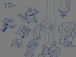 Size: 2000x1500 | Tagged: safe, artist:dilarus, ponerpics import, applejack, fluttershy, pinkie pie, rainbow dash, rarity, spike, twilight sparkle, dragon, earth pony, pegasus, pony, unicorn, comic:the many faces of twilight sparkle, applejack's hat, bipedal, bucktooth, butt, clothes, cowboy hat, deleted from derpibooru, digital art, donut, fangs, female, food, freckles, grammar error, hat, male, mare, monochrome, musical instrument, not salmon, open mouth, self deprecation, simple background, smiling, text, toes, twibutt, wat, white background