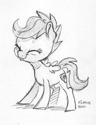 Size: 1103x1444 | Tagged: safe, artist:dilarus, ponerpics import, scootaloo, pegasus, pony, blushing, cute, cutealoo, deleted from derpibooru, eyes closed, female, filly, monochrome, signature, simple background, sketch, traditional art, white background