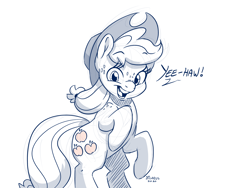 Size: 3024x2280 | Tagged: safe, artist:dilarus, ponerpics import, applejack, earth pony, pony, applejack's hat, clothes, construction lines, cowboy hat, deleted from derpibooru, dialogue, digital art, female, freckles, hat, looking at you, mare, monochrome, rearing, signature, simple background, solo, white background, yeehaw