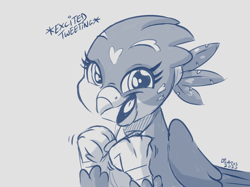 Size: 3152x2360 | Tagged: safe, artist:dilarus, ponerpics import, gabby, griffon, cute, deleted from derpibooru, digital art, excited, female, gabbybetes, gray background, high res, monochrome, onomatopoeia, signature, simple background, solo, white background
