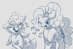Size: 3051x2033 | Tagged: safe, artist:dilarus, ponerpics import, pinkie pie, rainbow dash, earth pony, pegasus, pony, deleted from derpibooru, digital art, duo, ears, eyes closed, female, floppy ears, laughing, mare, monochrome, open mouth, raised hoof, raised leg, signature, simple background, size difference, smoldash, white background