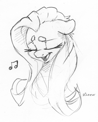 Size: 1077x1339 | Tagged: safe, artist:dilarus, part of a set, ponerpics import, fluttershy, pegasus, pony, beanbrows, deleted from derpibooru, eyebrows, female, mare, monochrome, music notes, open mouth, simple background, singing, solo, traditional art, white background
