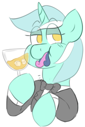 Size: 556x825 | Tagged: safe, artist:2k.bugbytes, bon bon, lyra heartstrings, sweetie drops, earth pony, pony, unicorn, clothes, glass, puffy cheeks, shitposting, simple background, tuxedo, vore, white background, wine glass