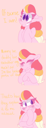 Size: 1182x3240 | Tagged: safe, artist:dragonponesplight, ponerpics import, oc, oc only, oc:honeycrisp blossom, april fools, ask, comic, crossover, description is relevant, ears, eyes closed, female, filly, floppy ears, hoof on chin, innocent, offspring, parent:big macintosh, parent:princess cadance, parents:cadmac, pink background, simple background, solo, tumblr