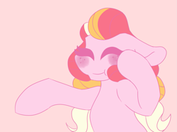 Size: 1193x887 | Tagged: safe, artist:dragonponesplight, ponerpics import, oc, oc only, oc:honeycrisp blossom, pony, april fools, ask, blushing, crossover, description is relevant, ears, eyes closed, female, filly, floppy ears, offspring, parent:big macintosh, parent:princess cadance, parents:cadmac, pink background, simple background, smiling, solo, tumblr