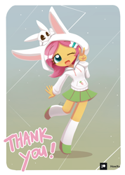 Size: 1000x1407 | Tagged: safe, artist:howxu, derpibooru import, angel bunny, fluttershy, rabbit, equestria girls, animal, blushing, clothes, cute, female, looking at you, one eye closed, open mouth, patreon, patreon logo, peace sign, shyabetes, skirt, solo, sweater, text, wink