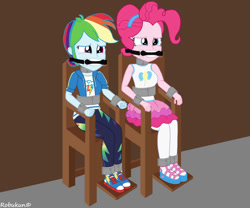 Size: 979x816 | Tagged: safe, artist:robukun, derpibooru import, pinkie pie, rainbow dash, equestria girls, bit gag, bondage, breasts, dashsub, female, femsub, gag, pinkiesub, submissive, tied to chair