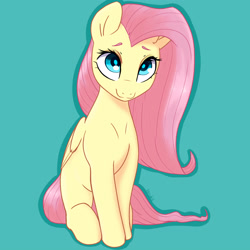 Size: 3000x3000 | Tagged: safe, artist:bunchedupletters, artist:hrukii, derpibooru import, fluttershy, pegasus, cute, daaaaaaaaaaaw, female, green background, looking at you, mare, shyabetes, simple background, sitting, smiling, solo, teal background