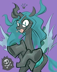 Size: 1604x2048 | Tagged: safe, artist:noupu, derpibooru import, queen chrysalis, changeling, changeling queen, female, open mouth, purple background, simple background, skull and crossbones, solo, tongue, tongue out
