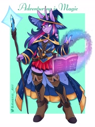 Size: 3072x4096 | Tagged: safe, artist:ambris, derpibooru import, twilight sparkle, anthro, unguligrade anthro, unicorn, adventuring is magic, boots, boots on hooves, clothes, dress, hat, mage, magical staff, shoes, staff, witch costume, witch hat