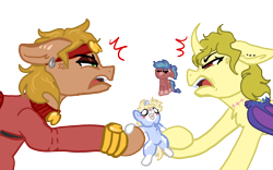 Size: 1680x1050 | Tagged: safe, artist:nootaz, derpibooru import, oc, oc:blitz razorwind, oc:nootaz, pony, my little pony: the manga, spoiler:manga, spoiler:manga3, apple lord, blushing, dio brando, jojo's bizarre adventure, love triangle, ponified, shipping