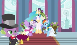 Size: 1284x749 | Tagged: safe, artist:90sigma, artist:rainbowmaned, derpibooru import, princess celestia, rainbow dash, spike, twilight sparkle, twilight sparkle (alicorn), alicorn, pegasus, pony, clothes, dress, female, lesbian, marriage, shipping, twidash, wedding, wedding dress