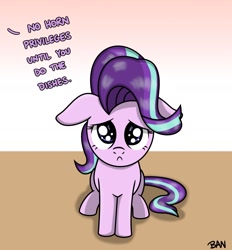 Size: 1867x2015 | Tagged: safe, artist:banquo0, derpibooru import, starlight glimmer, pony, abuse, ears, floppy ears, glimmerbuse, hornless unicorn, implied twilight sparkle, missing horn, pleading, simple background, sitting, solo, text