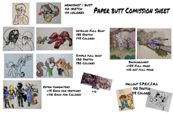Size: 4150x2702 | Tagged: safe, artist:paper view of butts, derpibooru import, tank, oc, oc:paper butt, oc:skecher haret, anthro, demon, demon pony, human, pony, advertisement, ball, bread, clothes, commission info, food, hoodie, ink, ink drawing, jacket, price sheet, skull, sniper, soccer ball (object), traditional art, tree, vault boy, vault suit, weapon