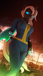 Size: 2160x3840 | Tagged: safe, artist:jacob_lhh3, derpibooru import, oc, oc:dragonfly, anthro, changeling, plantigrade anthro, 3d, changeling oc, clothes, fallout, female, glowing eyes, glowing tattoos, nexgen, pipboy, ponytail, radioactive, solo, source filmmaker, sunlight, vault suit, wings
