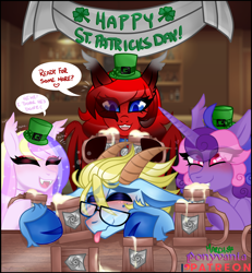 Size: 5000x5415 | Tagged: safe, derpibooru import, oc, oc:aness, oc:cinnamonmusic, oc:dreamcatcher, oc:red, bat pony, goat, pony, drunk, patreon, ponyvania, stpacktricksday, stpatrickday