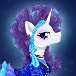 Size: 2048x2048 | Tagged: safe, artist:turtletroutstudios, derpibooru import, rarity, pony, unicorn, alternate hairstyle, clothes, female, high res, jewelry, lookin sideways, looking at you, makeup, mare, profile, retro, side view, smiling, smiling at you, solo