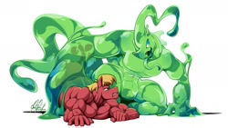 Size: 1887x1061 | Tagged: safe, artist:ponyanony, derpibooru import, big macintosh, oc, anthro, changeling, goo, abs, absorption, biceps, changeling slime, great macintosh, male, muscles, muscular male