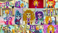 Size: 1280x722 | Tagged: safe, derpibooru import, edit, edited screencap, editor:quoterific, screencap, adagio dazzle, apple bloom, aria blaze, flash sentry, scootaloo, snails, snips, sonata dusk, sunset shimmer, sweetie belle, trixie, equestria girls, rainbow rocks, angry, battle of the bands, cafeteria, cutie mark crusaders, duo, duo female, eyes closed, female, gritted teeth, male, open mouth, sitting, teeth, the dazzlings, thumbs down, trio, trio female