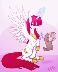 Size: 457x569 | Tagged: safe, artist:gingersnap913, ponerpics import, oc, oc only, oc:fausticorn, alicorn, pony, alicorn oc, deleted from derpibooru, female, horn, lauren faust, mare, peytral, ponified, quill, raised hoof, raised leg, scroll, sitting, solo, wings, writing