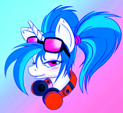 Size: 600x549 | Tagged: safe, artist:gingersnap913, ponerpics import, dj pon-3, vinyl scratch, pony, unicorn, alternate hairstyle, bust, deleted from derpibooru, female, gradient background, headphones, lidded eyes, mare, portrait, solo, sunglasses