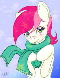 Size: 750x967 | Tagged: safe, artist:gingersnap913, ponerpics import, roseluck, earth pony, pony, blushing, clothes, deleted from derpibooru, female, looking at you, mare, scarf, solo