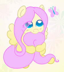 Size: 432x485 | Tagged: safe, artist:gingersnap913, ponerpics import, fluttershy, butterfly, pegasus, pony, abstract background, blushing, cute, deleted from derpibooru, eye clipping through hair, female, hug, looking up, nom, shyabetes, sitting, solo, spread wings, tail bite, tail hug