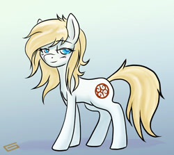 Size: 700x625 | Tagged: safe, artist:gingersnap913, ponerpics import, oc, oc only, oc:bindi, earth pony, pony, aryan pony, bedroom eyes, blonde, blonde mane, blonde tail, blue eyes, blushing, deleted from derpibooru, female, gradient background, looking at you, mare, messy mane, smiling, solo