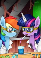 Size: 2480x3507 | Tagged: safe, artist:twidasher, derpibooru import, rainbow dash, twilight sparkle, pegasus, pony, burn marks, chemistry, clothes, duo, female, goggles, horn bandage, lab coat, lesbian, mouth hold, pipette, safety goggles, shipping, signature, test tube, twidash