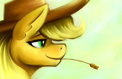 Size: 1224x792 | Tagged: safe, artist:gingersnap913, ponerpics import, applejack, earth pony, pony, bust, deleted from derpibooru, female, mare, portrait, profile, smiling, solo, straw, straw in mouth