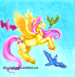 Size: 941x965 | Tagged: safe, artist:guttergoo, ponerpics import, fluttershy, bird, flying, solo, traditional art