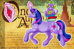 Size: 1005x669 | Tagged: safe, artist:guttergoo, ponerpics import, spike, twilight sparkle, book, magic, traditional art