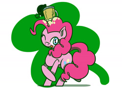 Size: 1800x1350 | Tagged: safe, artist:flutterluv, derpibooru import, pinkie pie, earth pony, pony, abstract background, cider, cider mug, clover, four leaf clover, hat, holiday, mug, one eye closed, saint patrick's day, smiling, solo, tongue, tongue out, wink