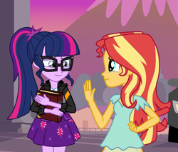 Size: 1024x874 | Tagged: safe, artist:emeraldblast63, derpibooru import, sci-twi, sunset shimmer, twilight sparkle, equestria girls, bittersweet, book, canterlot high, clothes, crying, duo, duo female, ending to equestria girls, female, glasses, goodbye, holding a book, jacket, journal, sad, sad smile, series finale, sunset, sunset's journal, tears of joy, waving