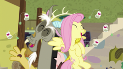 Size: 1280x720 | Tagged: safe, derpibooru import, edit, edited screencap, screencap, discord, fluttershy, draconequus, pegasus, pony, discordant harmony, duo, eyes closed, female, flying, laughing, male, open mouth, rotated, teabag, upside down