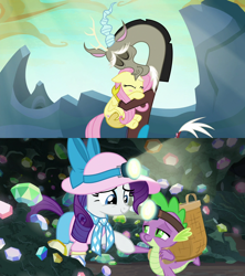 Size: 1280x1440 | Tagged: safe, derpibooru import, screencap, discord, fluttershy, rarity, spike, draconequus, dragon, pegasus, pony, unicorn, dragon dropped, to where and back again, ascot tie, basket, blouse, blushing, claw hold, duo, eyes closed, female, gem, gem cave, hat, headlamp, hoof hold, hug, male, shipping fuel