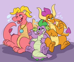 Size: 1200x1014 | Tagged: safe, artist:thedoggygal, derpibooru import, smolder, spike, dragon, cassie (dragontales), commissioner:foxlover91, crossover, dragon tales, dragoness, drunk, drunker smolder, drunker spike, female, male, purple background, simple background, trio, winged spike