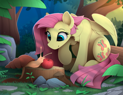 Size: 2400x1860 | Tagged: safe, artist:yakovlev-vad, derpibooru import, fluttershy, pegasus, pony, apple, cute, female, food, forest, mare, scenery, shyabetes, snail, solo, tree, tree stump