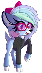 Size: 2090x3582 | Tagged: safe, artist:windykirin, derpibooru import, oc, oc only, oc:parity bit, deer, bow, clothes, deer oc, doe, female, glasses, hair bow, hoodie, looking at you, open mouth, simple background, smiling, solo, transparent background