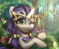 Size: 1280x1071 | Tagged: safe, artist:reterica, derpibooru import, oc, oc only, bird, hummingbird, pony, unicorn, arrow, bow (weapon), bow and arrow, braid, cute, female, forest, glowing horn, heart eyes, horn, jewelry, mare, ocbetes, one eye closed, outdoors, quiver, scenery, solo, tiara, tongue, tongue out, weapon, wingding eyes, wink