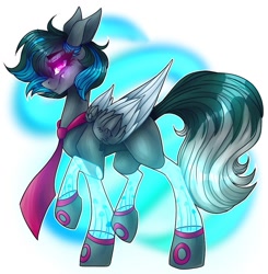 Size: 1021x1042 | Tagged: safe, alternate version, artist:moshi.poni, derpibooru import, oc, oc only, pegasus, pony, abstract background, amputee, colored, eyelashes, female, mare, necktie, pegasus oc, prosthetic leg, prosthetic limb, prosthetics, raised hoof, raised leg, smiling, solo, two toned wings, wings