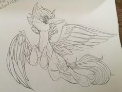 Size: 1080x815 | Tagged: safe, artist:moshi.poni, derpibooru import, oc, oc only, pegasus, pony, eyelashes, female, flying, lineart, mare, pegasus oc, signature, smiling, solo, traditional art, two toned wings, wings