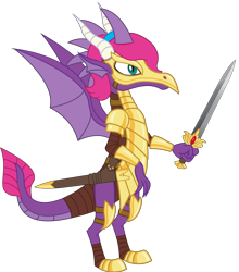 Size: 3368x3824 | Tagged: safe, artist:andrevus, derpibooru import, oc, oc only, oc:pinkmane, dragon, armor, dragonified, scabbard, simple background, solo, species swap, sword, transparent background, weapon