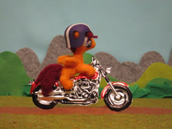 Size: 3648x2736 | Tagged: safe, alternate version, artist:malte279, derpibooru import, scootaloo, pegasus, craft, felting, female, harley davidson, helmet, irl, metal foil, motorcycle, needle felted, photo, plushie, relief, sculpture, wings