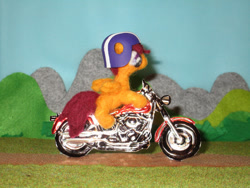 Size: 1024x768 | Tagged: safe, alternate version, artist:malte279, derpibooru import, scootaloo, pegasus, craft, felting, female, harley davidson, helmet, irl, metal foil, motorcycle, needle felted, photo, plushie, relief, sculpture, wings