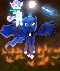 Size: 1589x1872 | Tagged: safe, artist:moonlightrift, derpibooru import, princess luna, sweetie belle, alicorn, pony, unicorn, >:3, fire, levitation, magic, mouth hold, sword, telekinesis, weapon