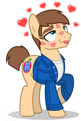 Size: 709x1056 | Tagged: safe, artist:amgiwolf, derpibooru import, oc, oc only, oc:applewolf, earth pony, pony, clothes, earth pony oc, eyes rolling back, fetish, heart, jacket, kiss mark, lipstick, lipstick fetish, male, raised hoof, raised leg, simple background, solo, stallion, transparent background